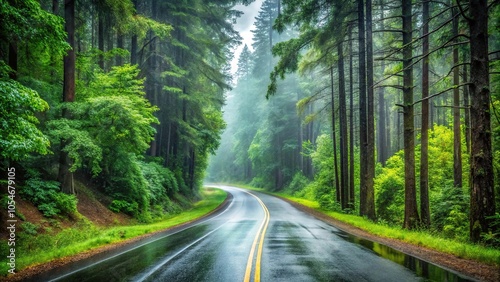 Scenic road winding through a rainy forest