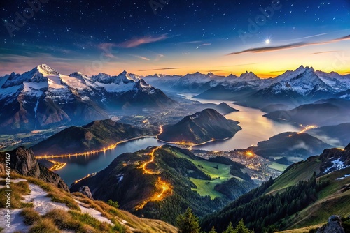 Bernese Alps Panorama from Rochers de Naye - Night Photography