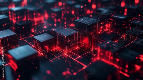Abstract background with digital glowing red and black cubes in the dark space, cyber technology concept