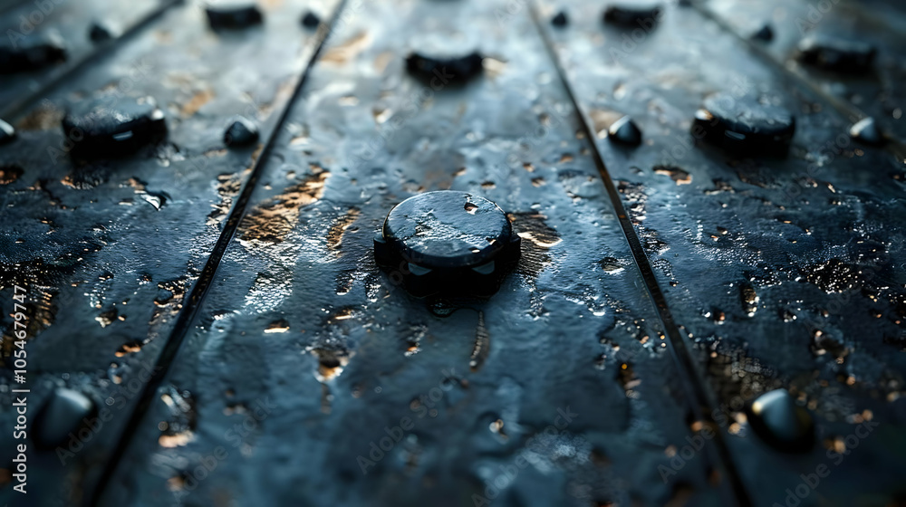 Close-up of Dark, Metallic Surface with Round Studs - 3D Illustration Close-up of Dark, Metallic Surface with Round Studs - 3D Illustration