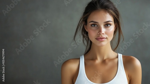 Beautiful woman in white T-shirt Female breast dark background