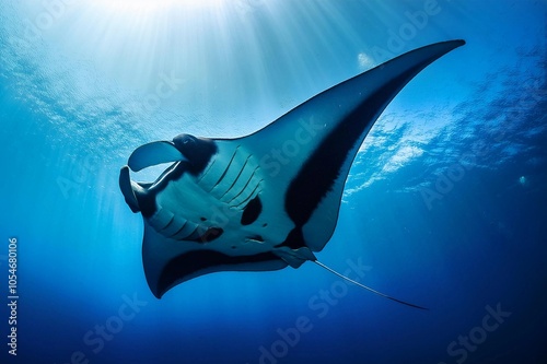 manta rays on deep blue sea background photo