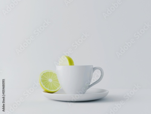 A serene white cup with a slice of fresh lime, resting on a simple plate against a pale background.