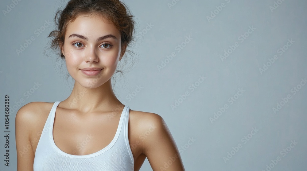 Beautiful woman in white T-shirt Female breast dark background Beautiful woman in white T-shirt Female breast dark background