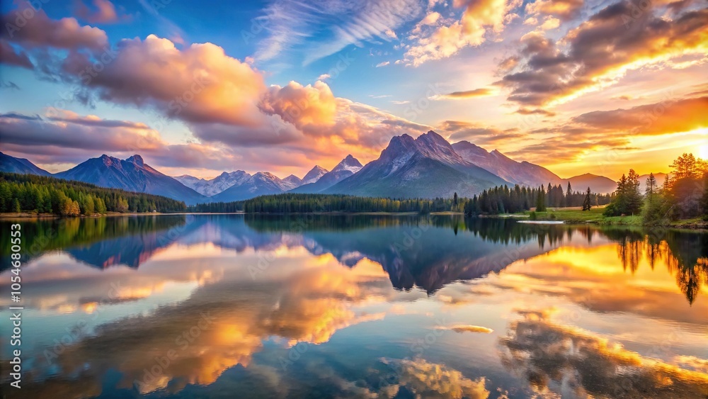 Fototapeta premium Scenic sunrise over mountains and lake with reflection in water