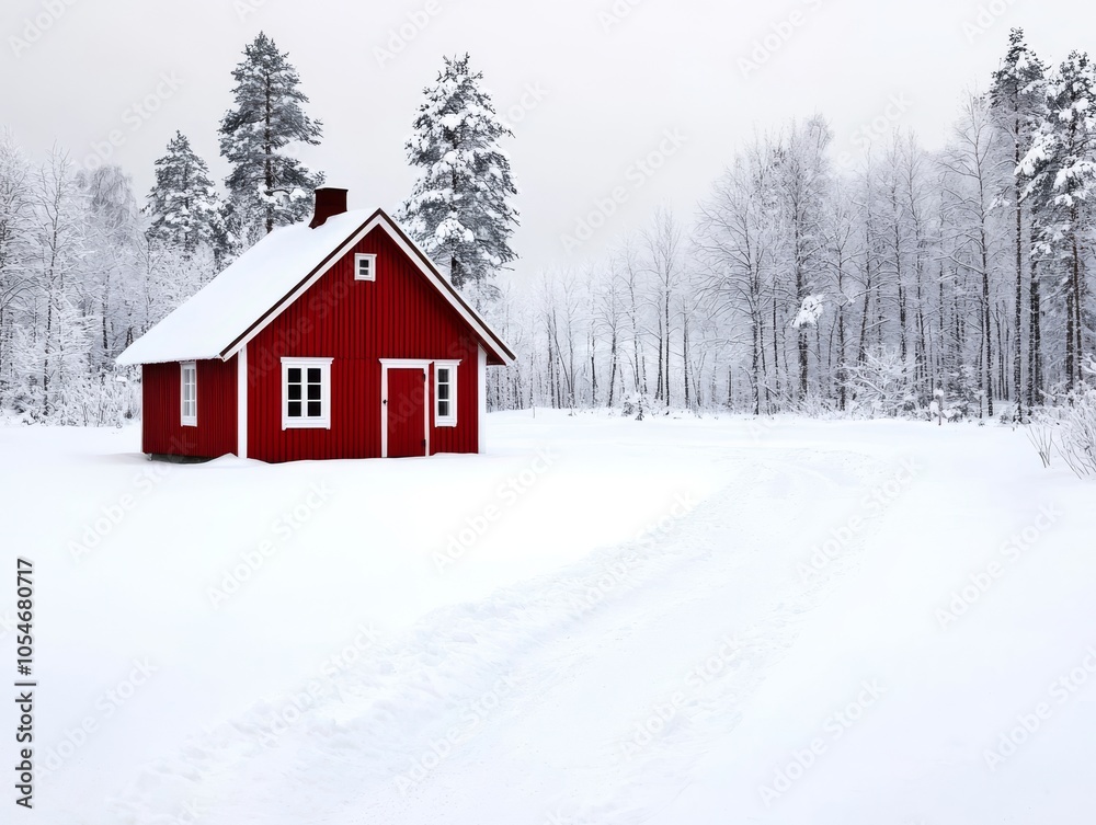 Naklejka premium A charming red wooden house surrounded by a pristine winter landscape, blanketed in fresh snow.