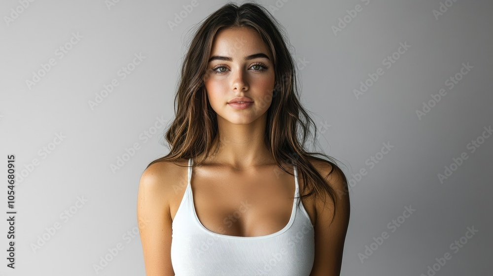 Fototapeta premium Beautiful woman in white T-shirt Female breast dark background