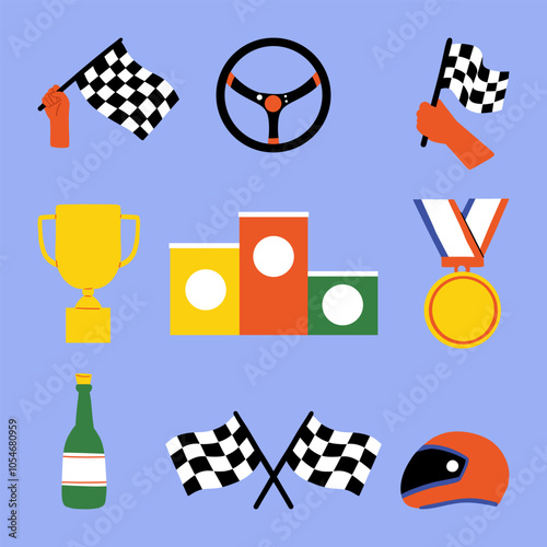 Racing Essentials Icon Set. A set of nine racing-themed illustrations, including checkered flags, trophy, podium, steering wheel, and helmet, capturing key symbols in motorsport