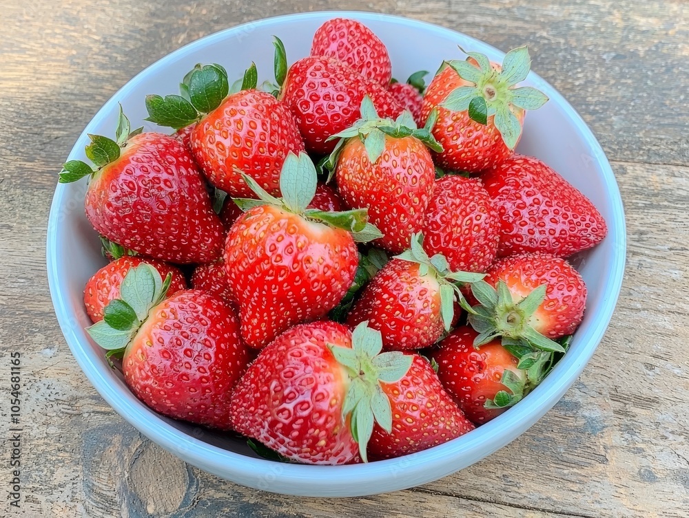 Fresh and vibrant red strawberries piled in a white bowl, showcasing their natural shine and green leaves. Fresh and vibrant red strawberries piled in a white bowl, showcasing their natural shine and green leaves.
