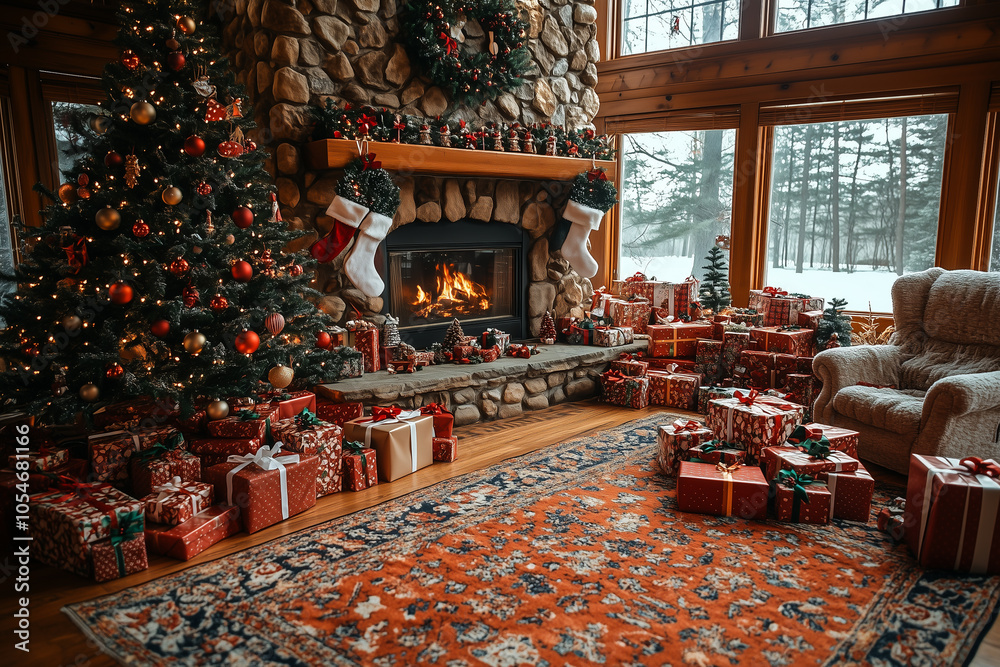 Christmas tree with many presents under it and a lit fireplace. Christmas tree with many presents under it and a lit fireplace.