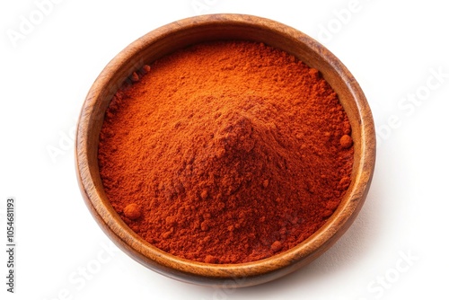 **Close-Up of Sweet Paprika Powder in Brown Ceramic Bowl on White Background**