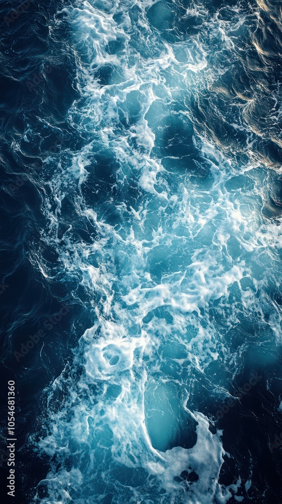 Fototapeta premium Aerial View of White Foam on Blue Ocean Water