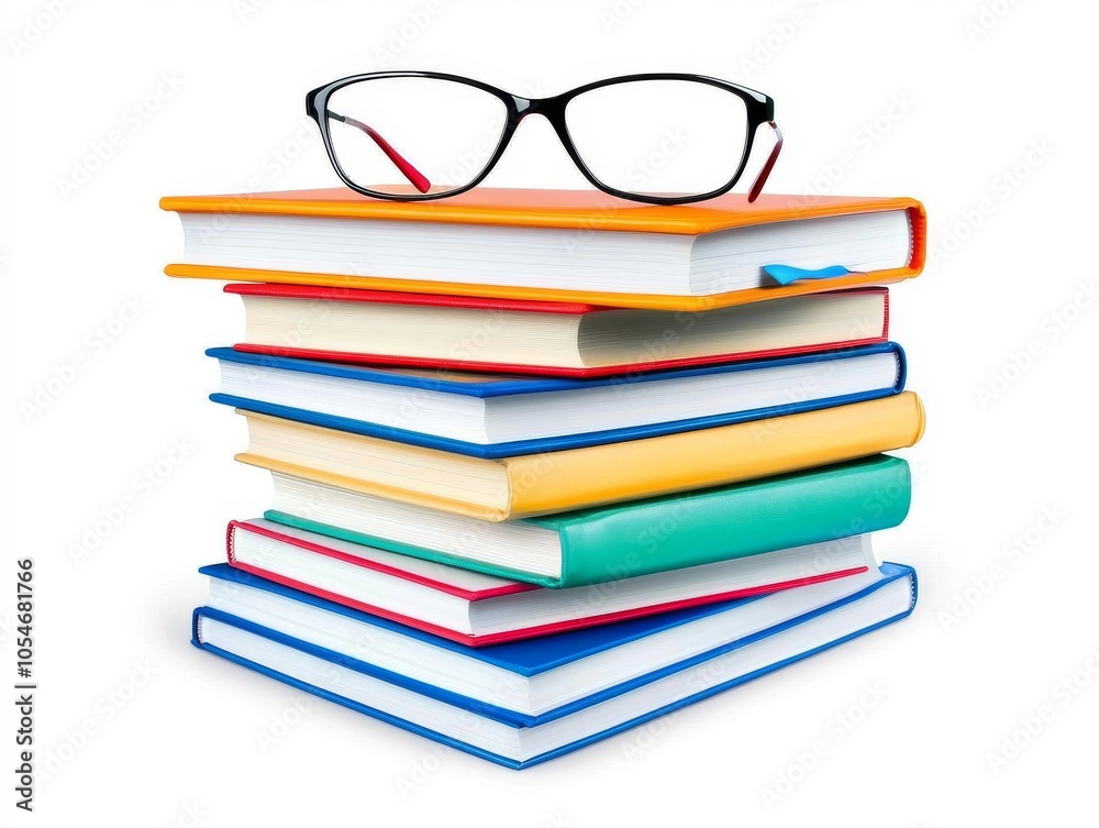Colorful stack of books with glasses on top, symbolizing knowledge and education. Colorful stack of books with glasses on top, symbolizing knowledge and education.