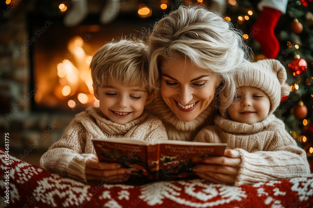A grandmother reading a Christmas story to her grandchildren by the fireplace, with stockings hanging above and a glowing Christmas tree nearby. A grandmother reading a Christmas story to her grandchildren by the fireplace, with stockings hanging above and a glowing Christmas tree nearby.