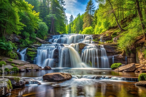 Scenic symmetrical forest waterfall with rocky river