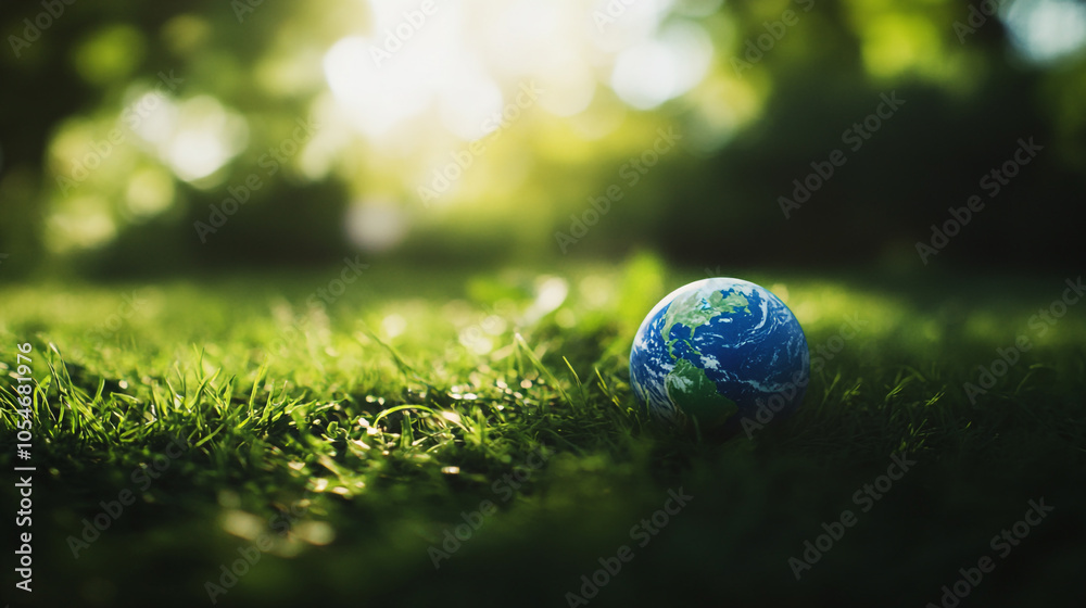 A small globe rests on vibrant green grass under soft daylight in a serene outdoor setting A small globe rests on vibrant green grass under soft daylight in a serene outdoor setting
