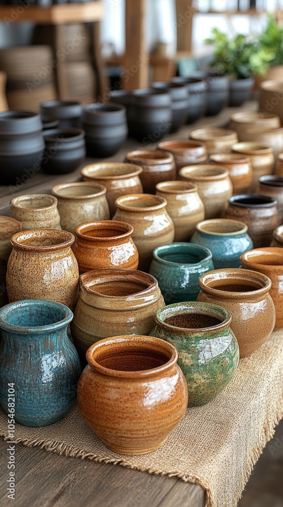 Handcrafted Ceramic Pots Arranged on Rustic Burlap and Wooden Table Handcrafted Ceramic Pots Arranged on Rustic Burlap and Wooden Table