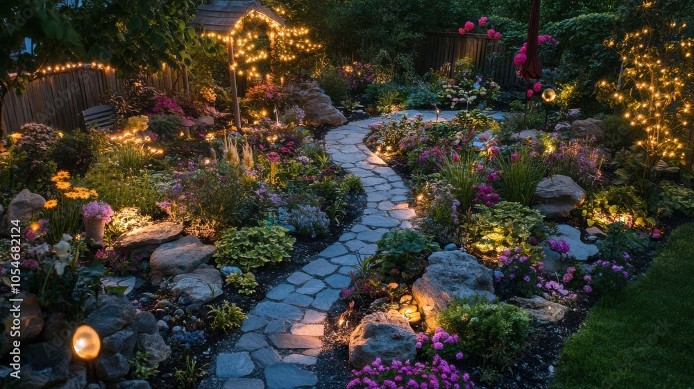 A whimsical backyard garden with winding pathways, fairy lights, and a variety of blooming A whimsical backyard garden with winding pathways, fairy lights, and a variety of blooming