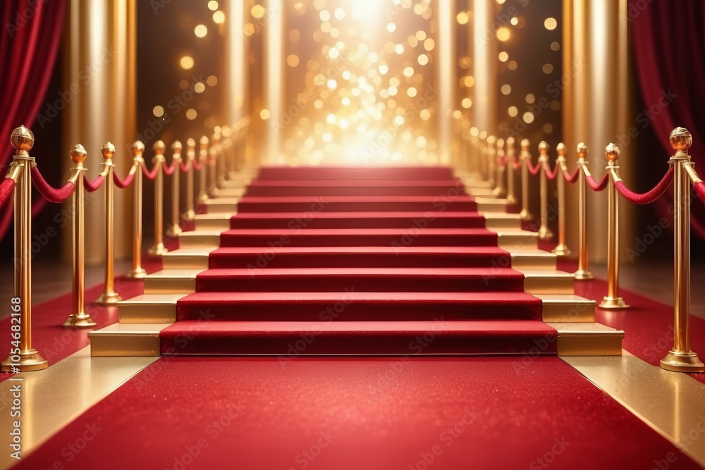 Red carpet and staircase spotlight illuminating star-studded stage, perfect for a magical night of music and entertainment Red carpet and staircase spotlight illuminating star-studded stage, perfect for a magical night of music and entertainment