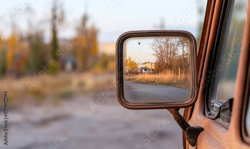 A side view mirror on an old rusty car reflects a deserted road leading into the distance on a sunny fall day. photo