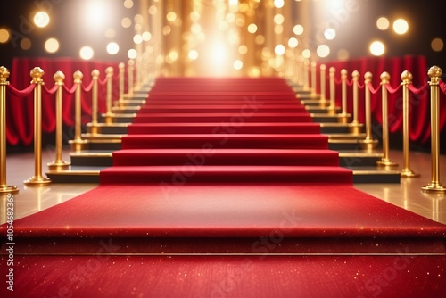 Red carpet at a VIP event with stairs, entrance, and luxury decor, celebrating success and fame at a Hollywood gala