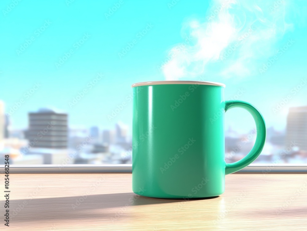 Obraz premium A teal ceramic mug sits on a wooden table, emitting steam, with a city skyline in the background.