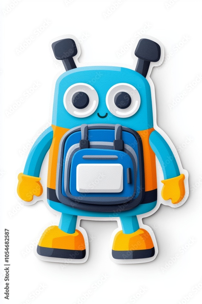 A cheerful blue cartoon robot character with big eyes and a backpack, designed for a playful and vibrant atmosphere. A cheerful blue cartoon robot character with big eyes and a backpack, designed for a playful and vibrant atmosphere.