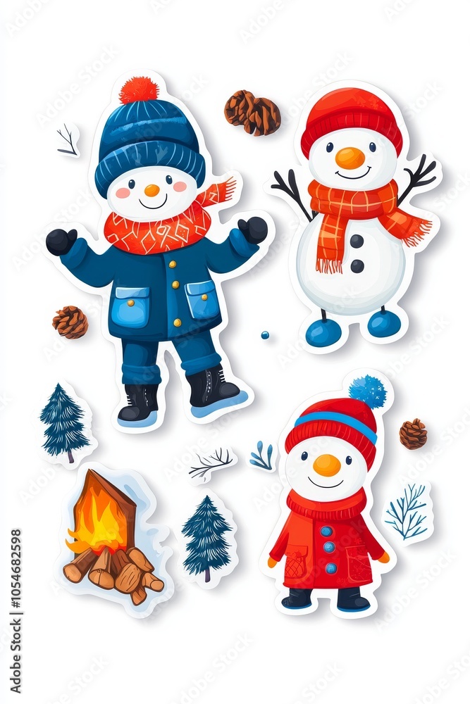 Two cheerful snowmen, one in blue and one in red, surrounded by winter elements, embodying the joy of the season. Two cheerful snowmen, one in blue and one in red, surrounded by winter elements, embodying the joy of the season.