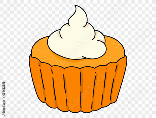 Pumpkin pie in cupcake shape with whipped cream on top,flat minimalist style. Ideal for Thanksgiving themed designs with transparent background for easy use.vector