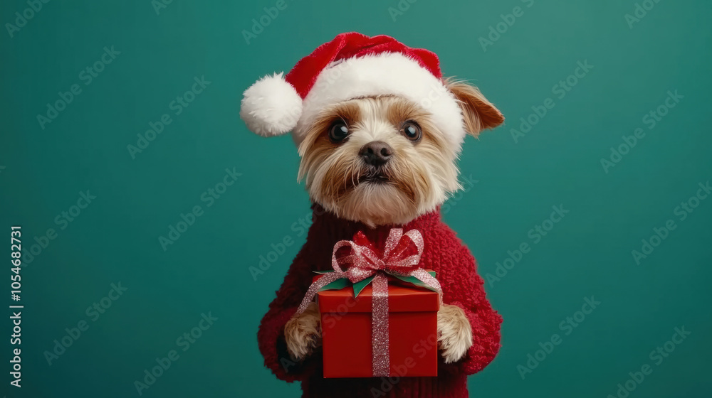 cute dog wearing Santa hat and red sweater holds gift box cute dog wearing Santa hat and red sweater holds gift box
