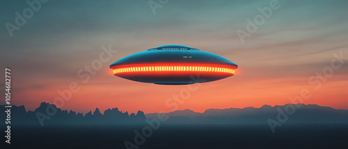 A stunning depiction of an unidentified flying object soaring through a colorful sunset, capturing the essence of extraterrestrial exploration. photo