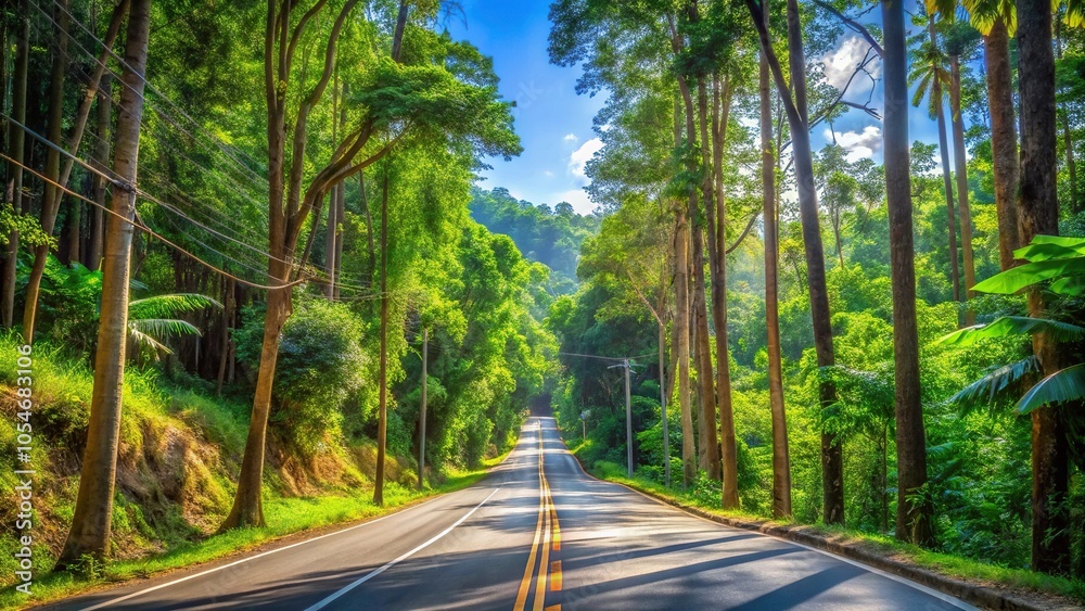 Scenic view of a road leading into a lush forest Scenic view of a road leading into a lush forest
