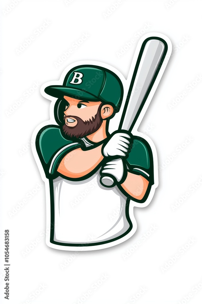 Stylized illustration of a male baseball player in a green cap and jersey, ready to bat. Stylized illustration of a male baseball player in a green cap and jersey, ready to bat.