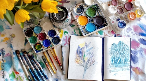 Artistic New Year gifts with a set of watercolor paints, sketchbooks, and an art class voucher