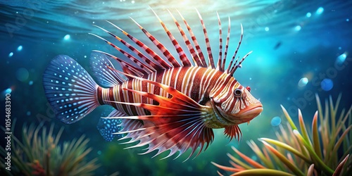 Devil Firefish in Deep Ocean Bokeh - Pterois Miles Tropical Fish