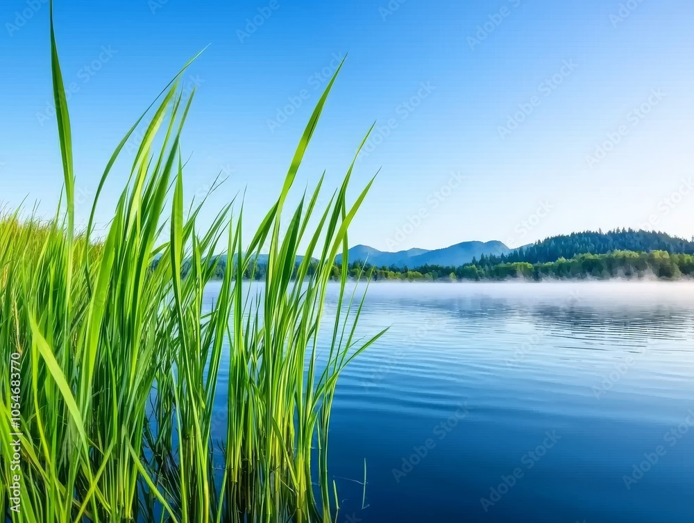Lush green grass swaying gently by a serene lake under a clear blue sky. Lush green grass swaying gently by a serene lake under a clear blue sky.
