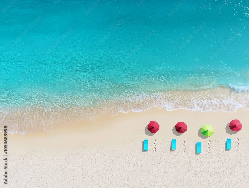 Naklejka premium Aerial view of vibrant beach umbrellas on golden sand by the turquoise ocean, creating a relaxing summer atmosphere.