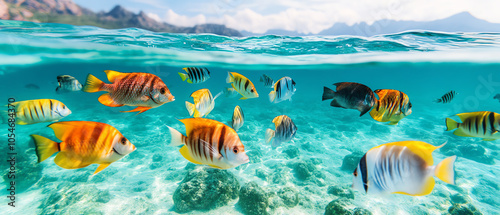 A vibrant underwater scene showcasing various colorful fish swimming gracefully in clear turquoise waters with a scenic backdrop.