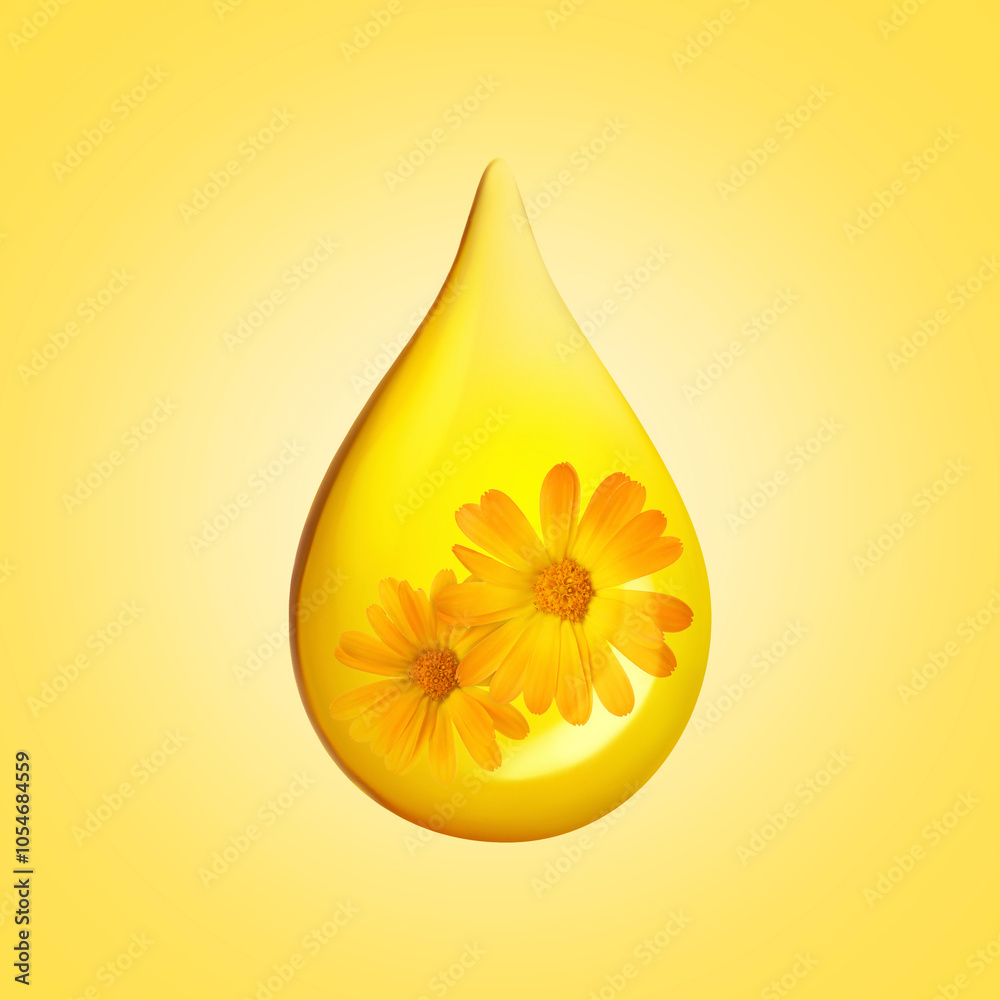 Calendula essential oil drop with flowers inside on golden background Calendula essential oil drop with flowers inside on golden background