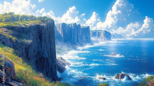 A dramatic coastal cliffside with waves crashing against the rocks below, where the sky is a vibrant blue, and the sun casts a warm light over the rugged landscape.