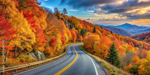 Scenic view of Blue Ridge Parkway road with colorful Fall trees