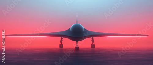 Obraz na płótnie Futuristic aircraft with sleek design, viewed from the front against a vibrant gradient background of pink and blue hues. w salonie