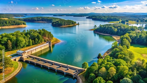 Scenic view of Catawba River and Lake Wylie with dam on sunny afternoon photo