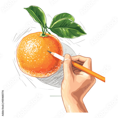 Orange with Stem and Leaves Being Sketched in Vibrant Color