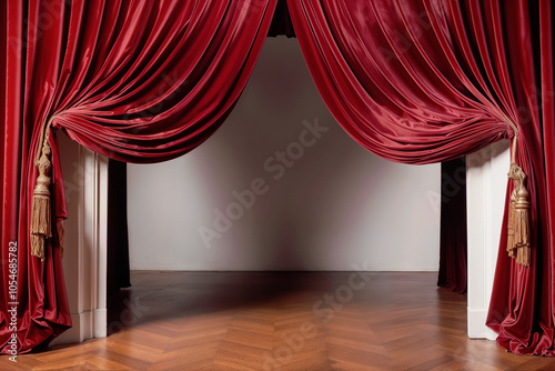 Stage with Open Red Curtain, created by generative AI
