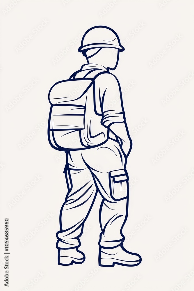A male figure in military attire stands with a backpack, wearing a helmet and tactical boots, exuding readiness. A male figure in military attire stands with a backpack, wearing a helmet and tactical boots, exuding readiness.