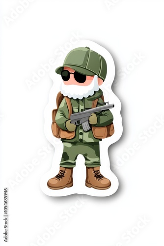 Cartoon soldier character in military attire, sporting sunglasses and a white beard. Ready for action!