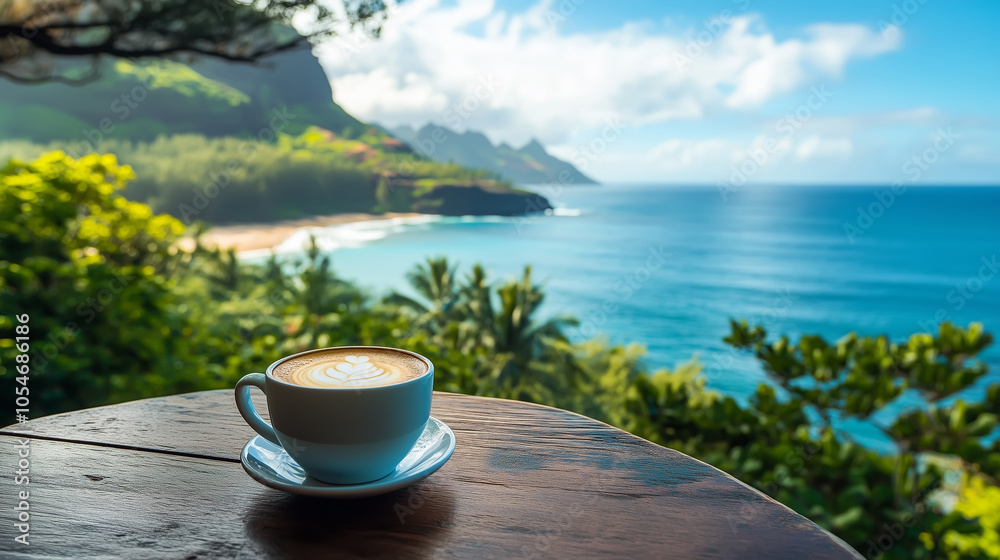 coffee on a wooden table with a beautiful beach view background coffee on a wooden table with a beautiful beach view background