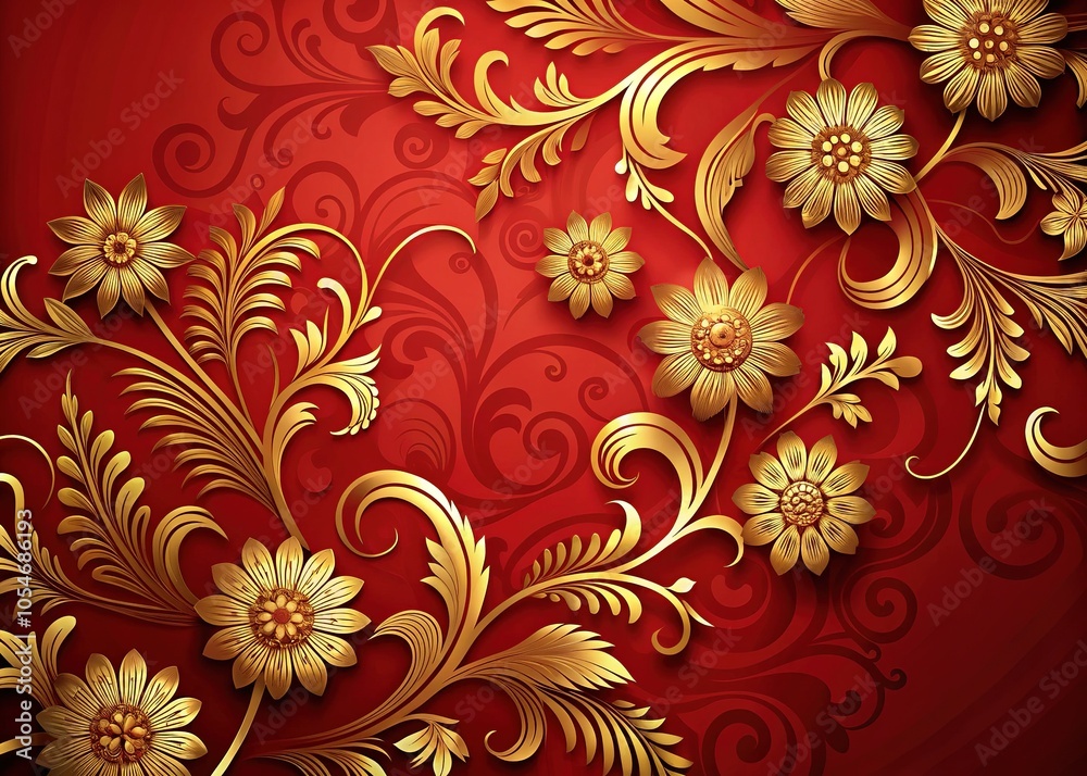 Golden Floral Waves on Red Abstract Background Golden Floral Waves on Red Abstract Background
