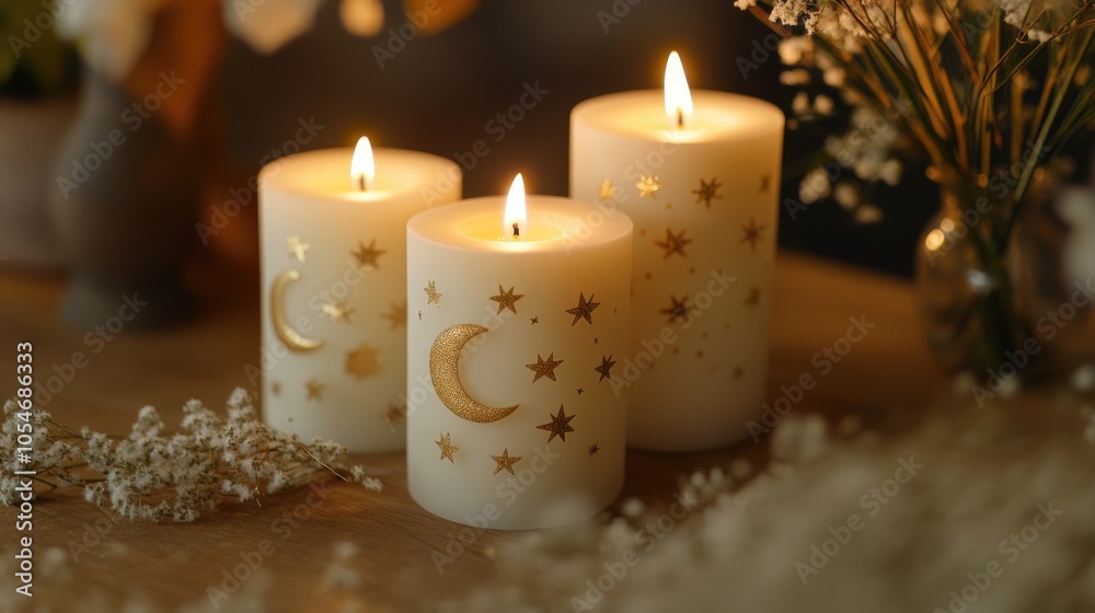Elegant Tanabata-themed candles with star and moon designs, ideal for adding a festive touch Elegant Tanabata-themed candles with star and moon designs, ideal for adding a festive touch